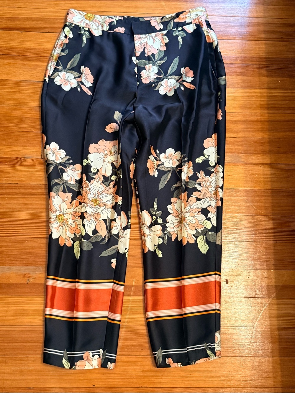 Zara Floral Satin Black Pants with Peach and Cream Blooms
